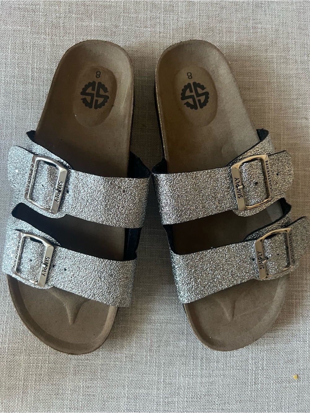 Simply Southern Women’s Silver Glitter Double-Buckle Summer Slide Sandals Size 8